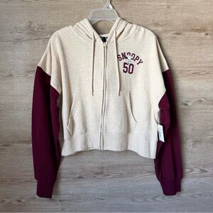 Peanuts Snoopy Zip-Up Hoodie Oatmeal Maroon Colorblock Large NWT Unisex